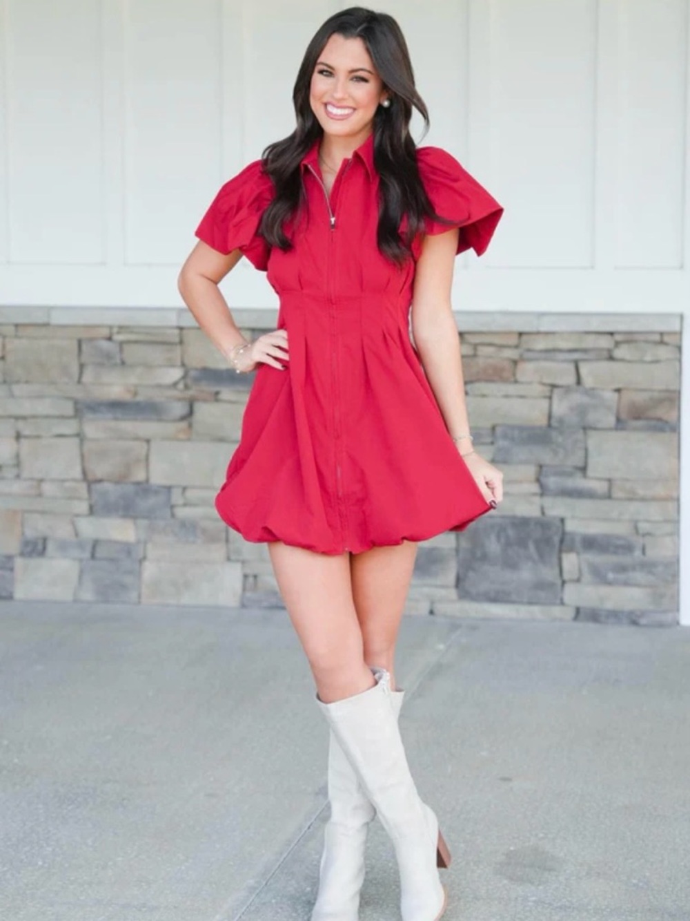 Classic Red Puff-Sleeve Mini Dress with Zip Front - Picture 5 of 5